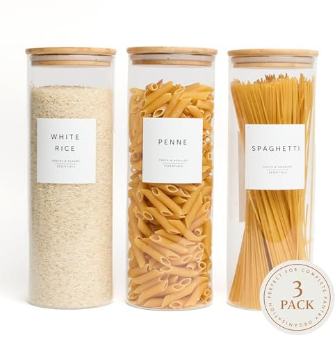 Livabl Set of 3 Large Glass Storage Jars with Lids Airtight (2.2L) – Kitchen Containers for Spaghetti, Pasta, Oats, Cereal & Rice – Minimalist UK-Designed Labels