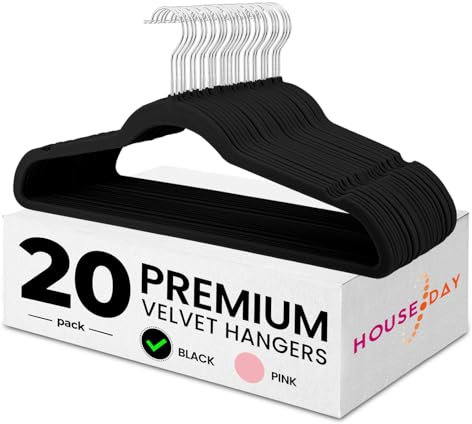 HOUSE DAY Velvet Hangers 20 Pack - Coat Hangers with Space Saving for Adult(44.5cm), Non-Slip Coat Hanger with 360°Swivel Hook - Durable, High Load Capacity for Skirts, Shirts and Pants(Black)