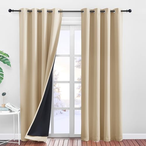 PONY DANCE Thermo Vorhang gegen Kälte Lichtundurchlässige Gardine Beige 2er Set H 240 x B 140 cm Biscotti Beige, Doppellagiger Thermal Curtains for Winter 100% Verdunklungsgardine mit Ösen