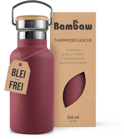 Bambaw Botella Agua Acero Inoxidable 350ml, Botella Isotermica Deporte de Boca Ancha Fácil de Limpiar, Cantimplora Termica de Acero Inoxidable, Garrafa Inox 350ml con Asa (Rojo Cereza)