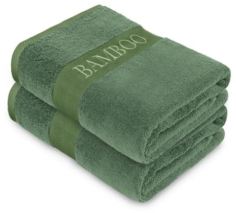 LIZZIE JACOBS New Bamboo Towels 600 GSM Luxury Extra Thick 60% Bamboo 40% Cotton Material Super Soft Highly Absorbent Quick Dry Soft Extra Large Towels or Bath Sheets (Green, Pack of 2 Bath Towels)