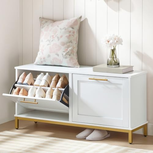 HOOBRO Shoe Bench with Storage, Shoe Storage Bench with 2 Flip Drawers, 39.4 Shoe Cabinet with Bench, Hidden Shoe Rack Organizer for Entryway, Foyer, Hallway, White and Gold DW48HX01