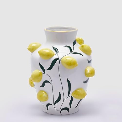 EDG Enzo De Gasperi Vaso Limoni Anfora H 31 Cm D 26 Cm Bianco e Giallo
