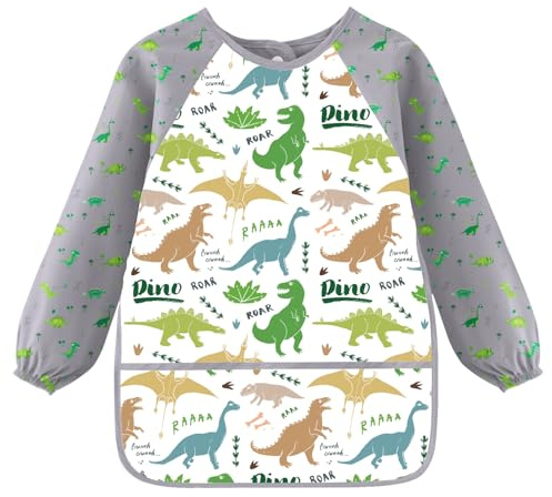Malkittel Kinder 3-8 jahre, Malschürze Kinder Einhorn Dinosaurier, Bastelschürze Kinder mit 3 Taschen, Malkittel schule 1, Klasse Mädchen Jungen, für Schule Basteln Malen Backen Kochen, Länge 58cm