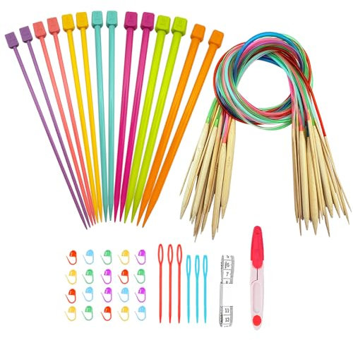 Hobekoee Knitting Needles Set,14 PCS 9.8 Straight Single Pointed Plastic Knitting Needles ＆ 18 Pairs 31.5” Bamboo Circular Knitting Needles Set with Colorful Plastic Cable for DIY with Accessories