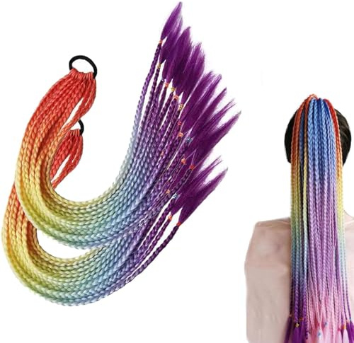 Jushion Braids Extensions, 2 Stück Bunte Haarsträhnen, Zopf extension Kunsthaar zum einflechten, Pferdeschwanz haarteil für Party Kinder und Frauen Festival Deko Geschenke