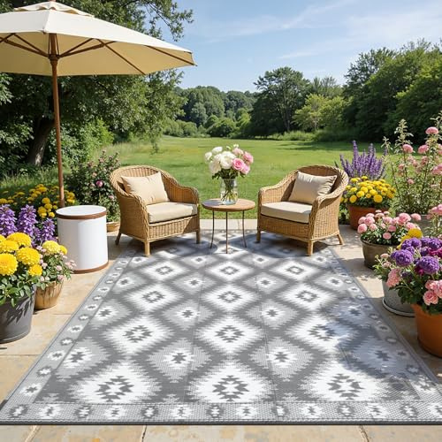 SHACOS Tappeto per Esterni Impermeabile Grande 270x360 cm, Tappeto per Terrazza Pieghevole e Resistente ai Raggi UV, Tappeto per Campeggio, Cortile, Veranda e Portico, Grigio