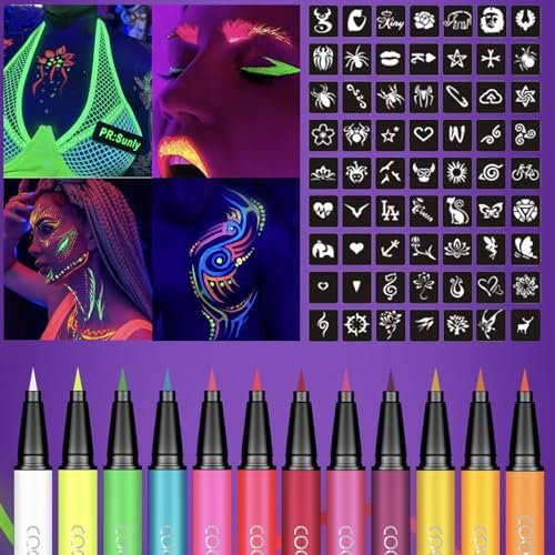 HISUNBEN 12 Couleurs UV Eyeliner Comprend 63 Modèles,Lavables Non Toxiques Bâton de Peinture au Néon UV de Maquillage pour Enfants et Adultes pour Halloween,Carnaval,Fête d'anniversaire,Noël
