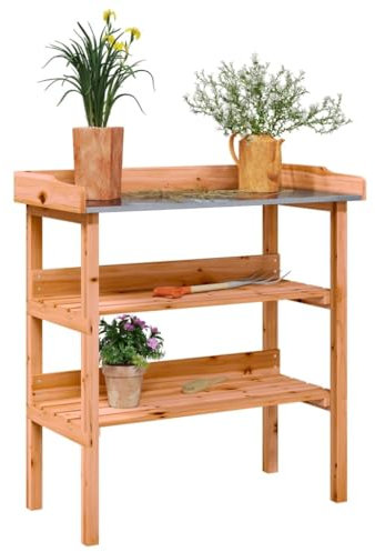 Homgoday Table pour plantes avec étagères en bois sapin marron 78 x 38 x 82,5 cm, table de jardinage, table de plantation, table de culture, table de plantation, table de travail pour jardin, patio