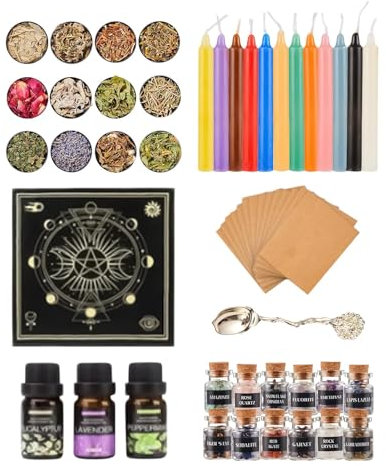 Generisch Juego de accesorios para brujas – Juego completo de accesorios de bruja | Cristales naturales de bruja, escoba mágica, bolsa de abalorios y sal de bruja ritual para hechizos, compañeros de