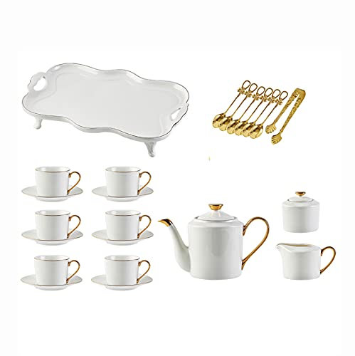 Set Regalo da 21 Pezzi per Adulti in Porcellana Bianca per caffè e tè, Composto da Tazze da tè in Ceramica e piattini per 6 Persone, teiera, zuccheriera, lattiera e cucchiaini.