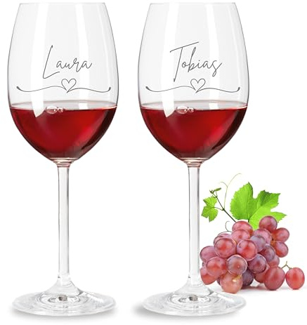 Leonardo Lot de 2 verres à vin rouge avec gravure – Nom cœur incurvé, cadeau personnalisé pour elle et lui, verre pour couple pour la Saint-Valentin et les fiançailles
