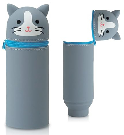Sykerout Silikon Federmäppchen mit Tierdesign - Süßes 2-in-1 Schulmäppchen aus weichem Silikon | Federmappe & Stiftehalter | Schlampermäppchen für Schule, Büro (Blaue Katze)