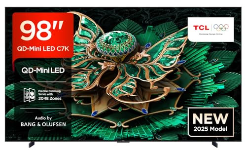 TCL 98C7K QD Mini TV LED 98 pollici, 4K HDR Premium 3000, Smart Google TV con Motion Clarity Pro 144Hz (Dolby Vision IQ & Atmos, pannello CrystGlow HVA, audio di Bang & Olufsen, Game Master)