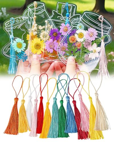 BNREOZA 40 Sets durchsichtige Lesezeichen getrocknete Blumen, Lesezeichen für Kinder, DIY Lesezeichen, Glaswaren Aufkleber Lesezeichen, Quastenband Lesezeichen, Glasflasche Wunschflaschen Aufkleber
