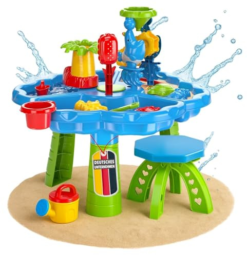 Coemo Sand- und Wasserspieltisch NARIUS XL, 3 Separate Wasserbecken | 1 Hocker, Wassertisch Kinder Outdoor für Wasserspiele draußen, Balkon und Garten, Matschtisch mit Sandkastenspielzeug