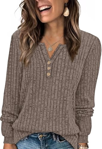 WIHOLL Jumpers for Women UK V Neck Ladies Jumpers Long Sleeve Tops Women Sweatshirts Button Down Tunic Brown Tops Size 10-12