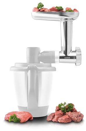 Wundermix - Fleischwolf Aufsatz WunderCentix® für Thermomix TM6, TM5 | Elektrischer Fleischwolf mit Wurstfüller, für Spritzgebäck, Burger & Wurst, Edelstahl, inkl. 2 Wurstfüllhörnern