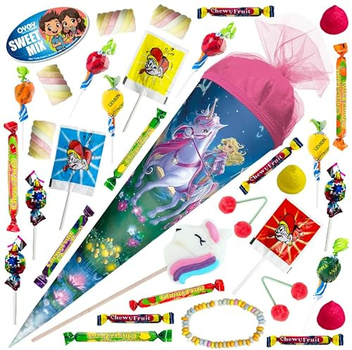 OYOY 35cm Schultüte gefüllt mit 325g Süßigkeiten Mix I ROTH Schultüte Magische Einhornreiterin I kleine Schultüte fertig gefüllt I Geschwister Schultüte I Kindergartentüte 33 Teile