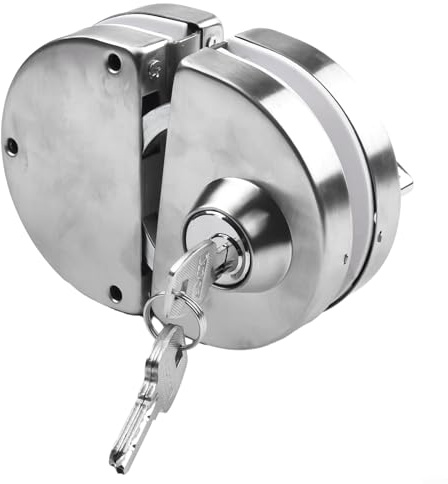 Eawfgtuw Cerradura de puerta de cristal de acero inoxidable, doble perno curvado, para puertas correderas y batientes de 8-12 mm de grosor, con juego de llaves, mecanismo de cierre interno y externo