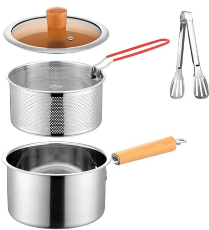 Deep Fat Fryer Pot with Strainer Basket & Lid & Food Tongs, 18cm Stainless Steel Fryer Pot with Wood Handle, Oil Fryers for Frying Fish Shrimp Chicken and Fries Grease Container Oil Container