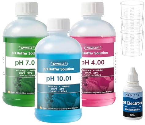 Nynelly pH Kalibrierlösung Set, pH 7.00/4.00/10.01 Pufferkalibrierlösung | pH Messgerät Kalibrierlösung, Je 500 ml mit Messbecher (30ml*3), und 30 ml pH Elektrodenschutzlösung für pH Tester, pH Meter