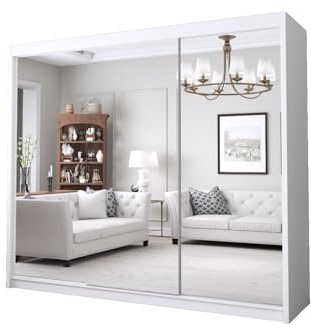 DELUXEWARE 2&3 Sliding Door Wardrobe - Elegant Wardrobe with Double Full-Length Mirror, Hanging Rail & Shelves | Sleek Matt Finish Bedroom Wardrobes with Strong Mdf Construction (White, 250cm)