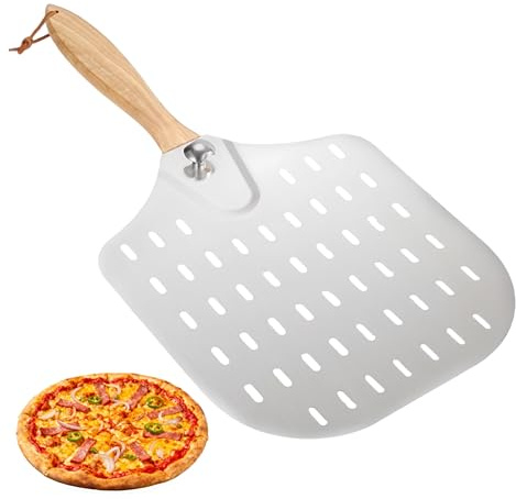 Siocok 12 Inch Perforated Pizza Peel, Folding Pizza Peel, Non Stick, Large Aluminum Pizzas Peel with Long Detachable Handle for Homemade Bread Baking