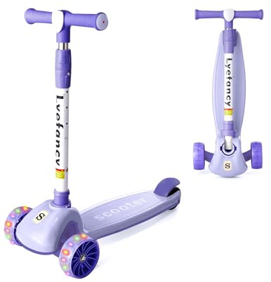 Lyefancy Kids Scooter for 2-10 Years Old Boys Girls, 3 Wheel Toddler Scooter, Childrens Folding Kick Scooter, Light up Wheels, Adjustable Height, Lean to Steer, Extra-Wide Deck (Purple)