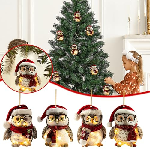 4 Stück Set Weihnachten Eule, Tier Deko, Weihnachtsbaum Anhänger, Deko zum Aufhängen, 2D Acryl Anhänger, WeihnachtenAnhänger, Saisonale Dekoration für Wohnzimmer Schlafzimmer, Winterdekoration