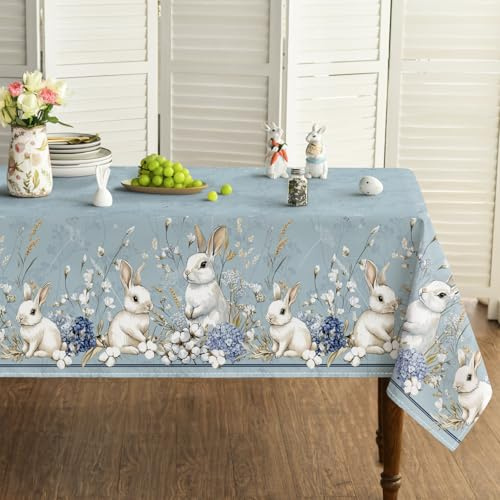 Artoid Mode Kapok Hortensien Kaninchen Hasen Ostern Tischdecke 140x110 cm, Saisonnal Frühling Fleckschutz Tischwäsche Küche Dekoration Party Dekor