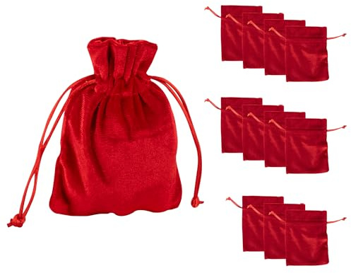 Idena 90425 - Stoffbeutel ca. 10 x 13 cm, 12 Stück, rote Säckchen aus Samt, Geschenkbeutel mit Kordel