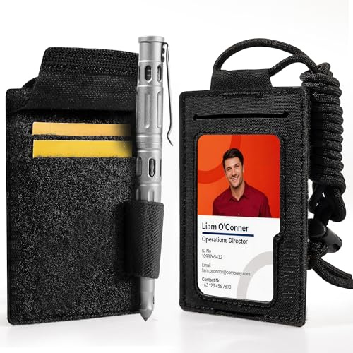 OneTigris ID-kortshållare med band av 500D nylon – RFID-skyddad ID-korthållare och korthållare med genomskinligt fönster, kardborreband och pennslinga, hållbar för kontor, service och utomhus
