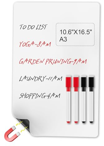 elzle A3 magnetisk whiteboard, 27 x 42 cm raderbart ark med 4 markörer för planering av måltider, familjeveckor, anteckningar eller påminnelser