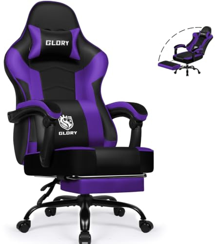 minnouat Gaming Stuhl Ergonomischer mit Fußstütze, Gaming Chair Bürostuhl 150 kg Belastbarkeit, Gamer Stuhl aus Kunstleder, Höhenverstellbarer PC Zockerstuhl für Jugendliche Erwachsene, Lila