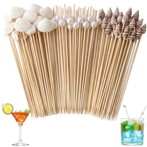 100 Pezzi Stuzzicadenti Decorativi per Cocktail 12cm, Stecchini per Aperitivo in Legno con Conchiglie e Perle, Spiedini per Feste a Tema Mare, Hawaii e Compleanni per Frutta, Dessert e Buffet