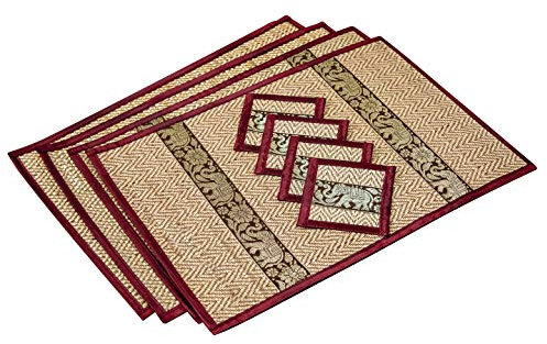 Hand-Woven Wicker Reed Placemats Coaster Set Eco-Friendly Alternative to Plastic Heat Resistant Thai Style Durable Easy to Clean for Dining Table Set of 4 (Large Burgundy (Small Trim))