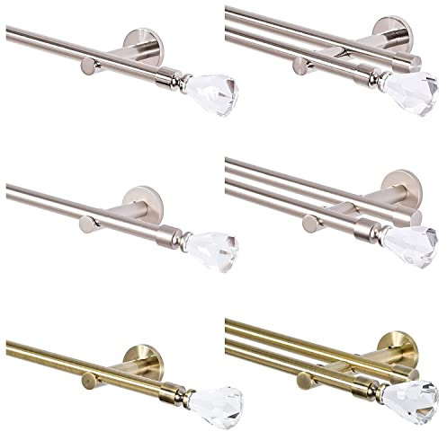 MDEKOR Gardinenstange 2 läufig 200 cm lang Edehlstahl Look | Vorhangstange doppelläufig Ø 16mm Wandhalterung | Gardienenstangenset aus Metall mit Endstück Kristall | Wandmontage Gardinenstangen
