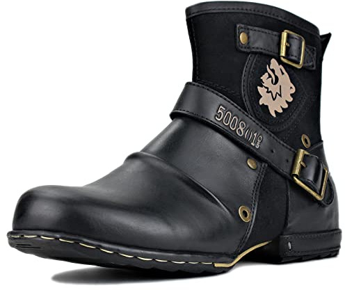 OSSTONE Herren Leder chukkastiefel Worker Biker Boots-Motorrad-Leder-Schuhe für reißverschluss Schnürstiefeletten Boots OS-5008-1-NH-DE-R