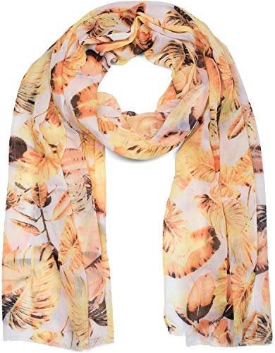 styleBREAKER Damen Schal mit Palmen Blätter Muster und Fransen, Tuch 01016186, Farbe:Gelb