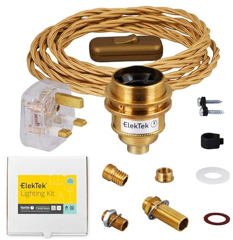 ElekTek UK Brass E27 Edison Lamp Holder Shade Ring Refurbishment Fixing Kit Gold Twisted Braided Fabric 3-Core Lighting Flex cable, Inline Rocker Switch, Extensive Fittings Pack, 13A Plug (3A Fuse)