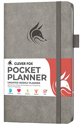 Clever Fox Pocket Planner, Mini Undated Weekly Calendar, Small Grey | Compact 10x17.5cm size, purse-friendly format, undated pages for flexible planning, 120gsm paper, eco leather hardcover