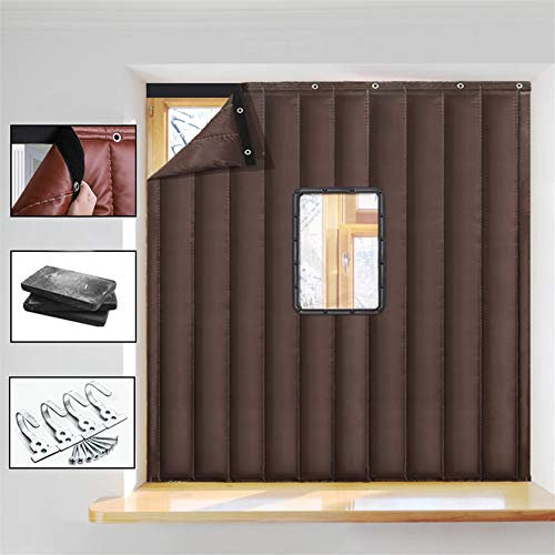 Liveinu Occultant Rideau De Fenêtre Isolant Thermique Isolation Porte Avec Coton Rideau d'occultation Sans Perçage Coupe-vent Imperméable Isolation Phonique 100x150cm Marron Avec Fenêtre