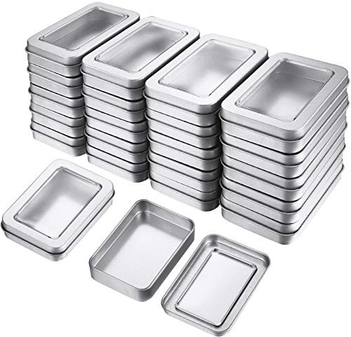 TecUnite 48 Pieces Tin Box Metal Tins with Lids Clear Top Empty Mini Portable Small Storage Tins Case for Home Candles, Candies, Gifts, Balms and Treasures, 3.4x2.4x0.8 Inch, Silver