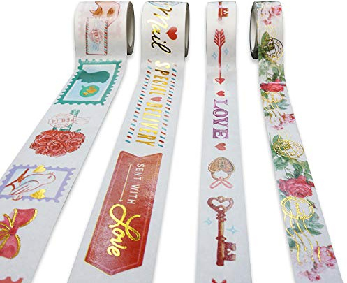 Navy Peony Vintage Valentine's Classic Mail Washi bandset (4 rullar, 28 mm x 5 meter) guldfolie, hållbar, mångsidig | Breda dekorativa band för planerare, tidskrifter, scrapbooks