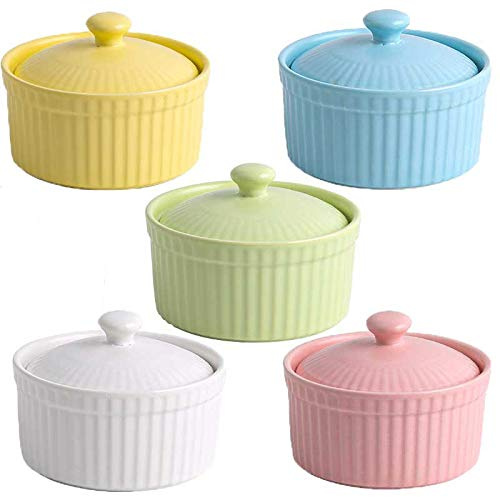 Uppsättning av 5 soufflé-formar med lock, creme brulee formar av porslin, 125 ml ugnssäkra formar patéformar bakformar, dessertskål för soufflé, muffins, cupcakes, fondants och frukt, färgglada