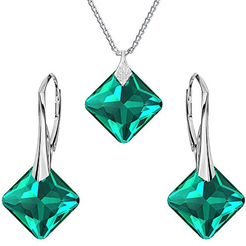 Ohrringe Silber 925 Hängend - Kette Damen mit Anhänger - Schmuck Set für Sie - mit Kristallen in Form eines Rhombus - Ohrringe Hängend und Halskette Damen Silber 925 (Emerald)