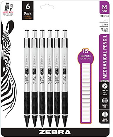Zebra M-301 Mechanical Pencils 0.5mm, Standard Stainless Steel HB Lead Pencil, 6 Pack with 15 Bonus Eraser Refills