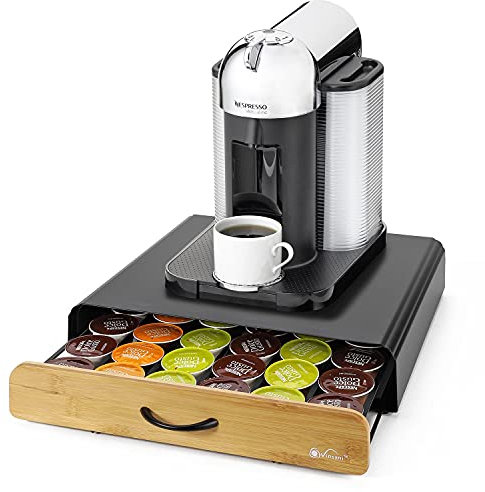 Vinsani 36 Capsules Coffee Pod Storage with Sliding Bamboo Drawer and Non-Slip Base - Stackable Holder Tray Organiser Box for Dolce Gusto Coffee Pods