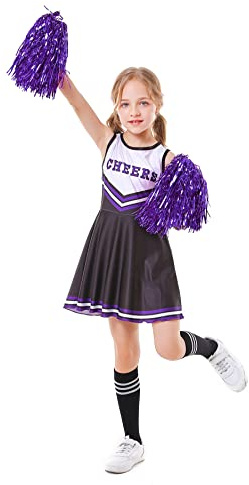 Kinder Mädchen Cheerleader Cheerleading Kostüm Uniform Karneval Fasching Party Halloween Kostüm Kleid Minirock mit 2 Pompoms und Socken